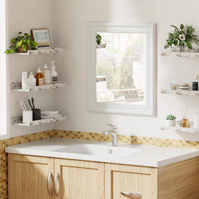 Upsimples kitchen and bathroom display use with sturdy wood shelves