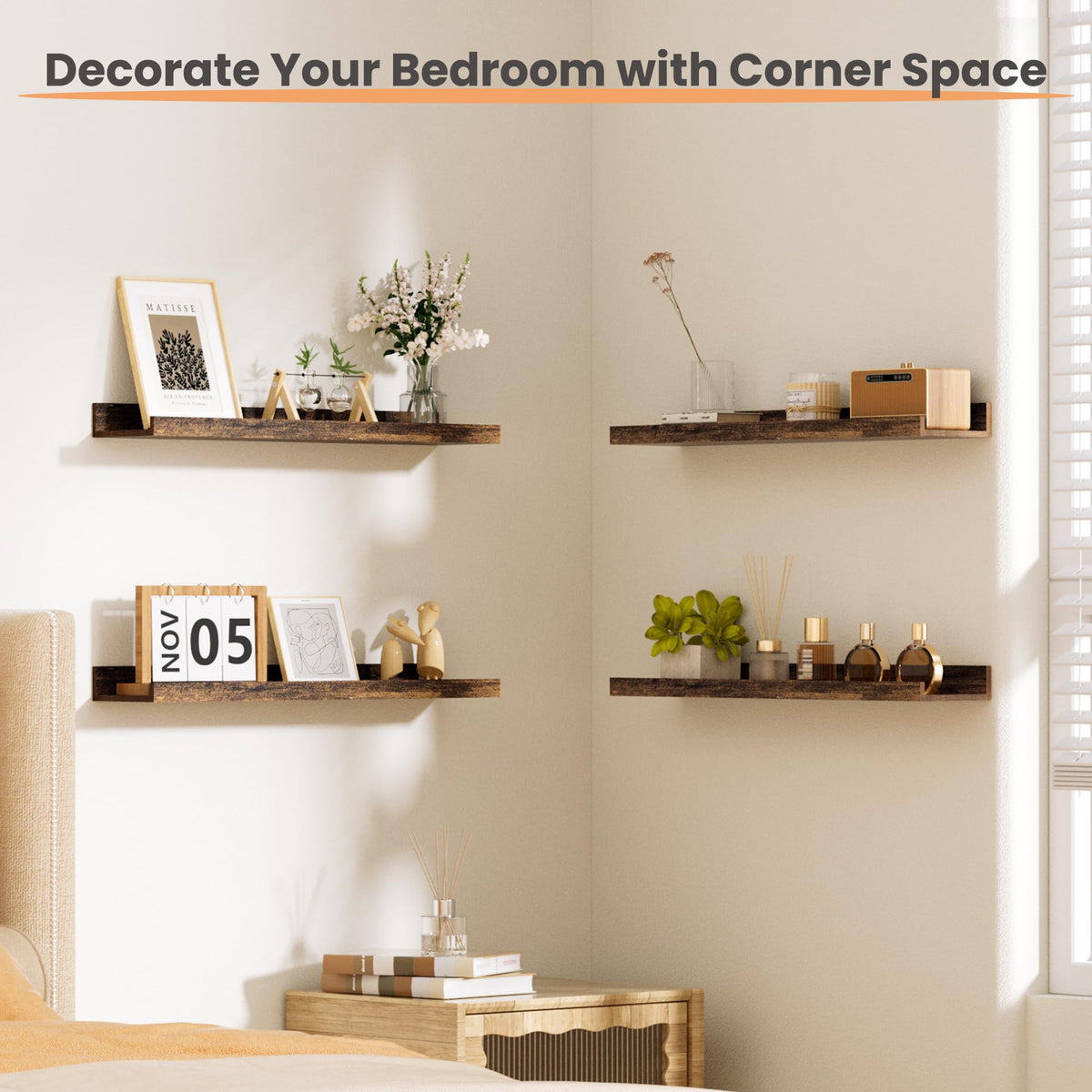 Upsimples long picture ledge shelves enable stylish, practical wall organization.