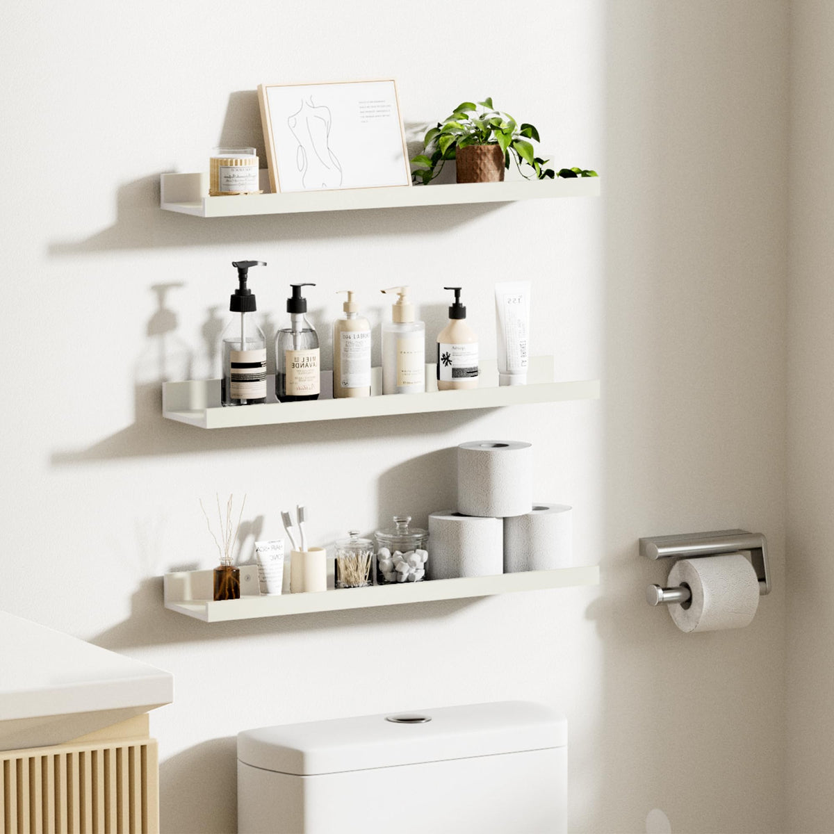 Upsimples long shelf 47-inch white assembled for wall display.