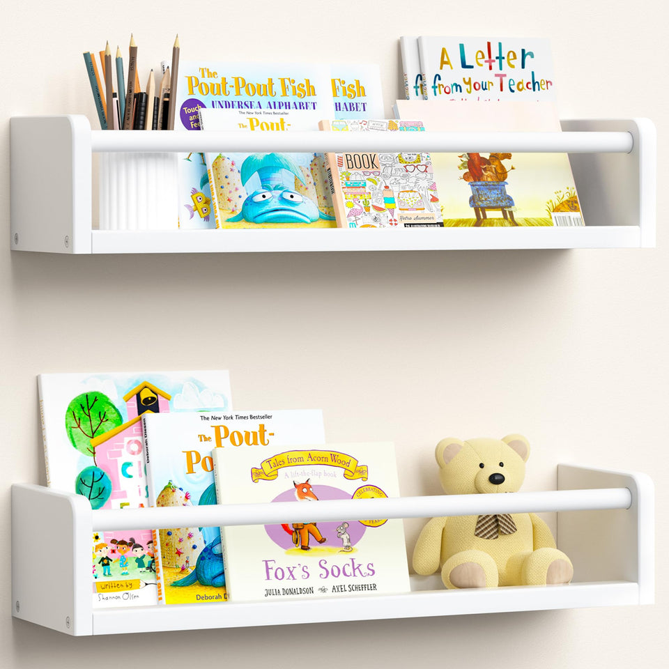 upsimples nursery book shelves 15-7-inch white with front-facing display for easy book selection.