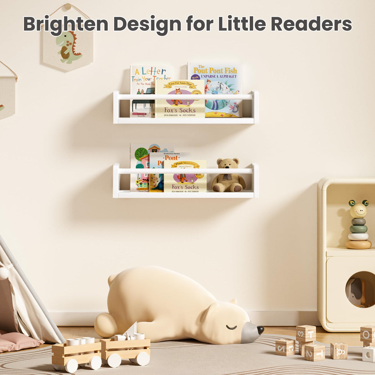 upsimples white wall-mounted shelves create a neat, accessible reading corner.