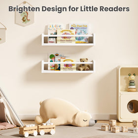 upsimples white wall-mounted shelves create a neat, accessible reading corner.