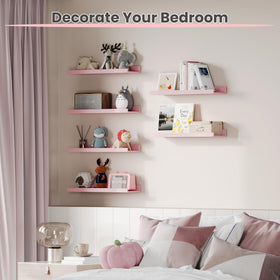 Upsimples pink teen bedroom setup featuring versatile wall shelves