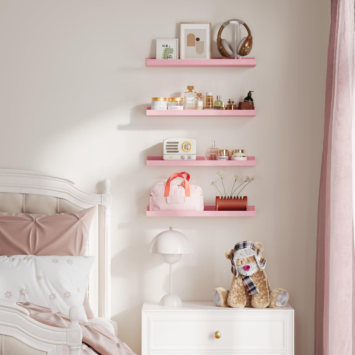 Upsimples pink wall shelves display with plants and keepsakes