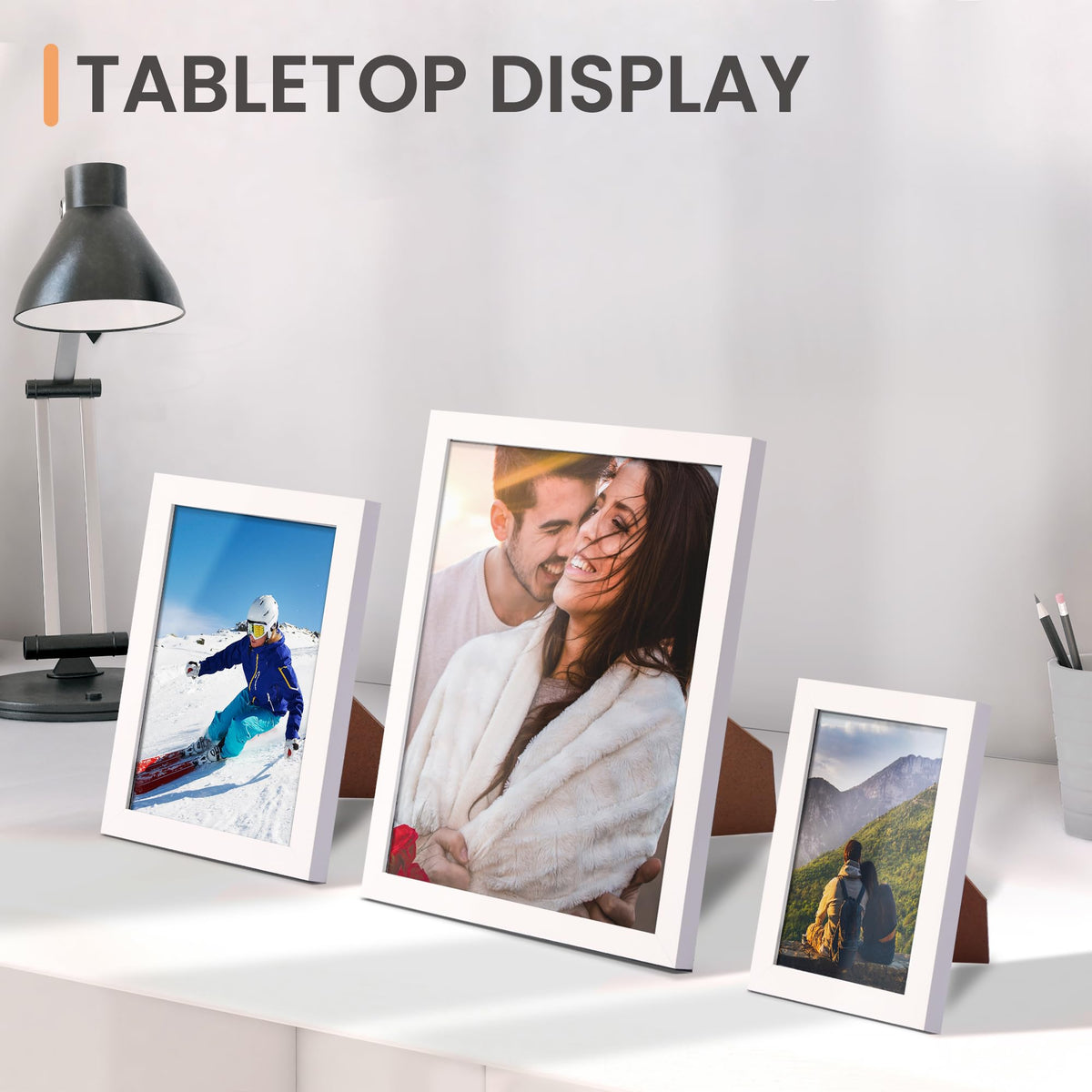 Upsimples tabletop display stand included for horizontal or vertical layouts.