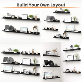 Upsimples wall-mounted wood shelves arranged in living room for organized display