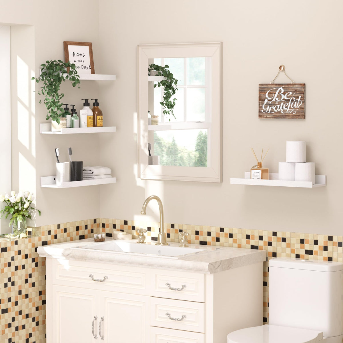 Upsimples wall-mounted shelves in living room provide organized display and elegance