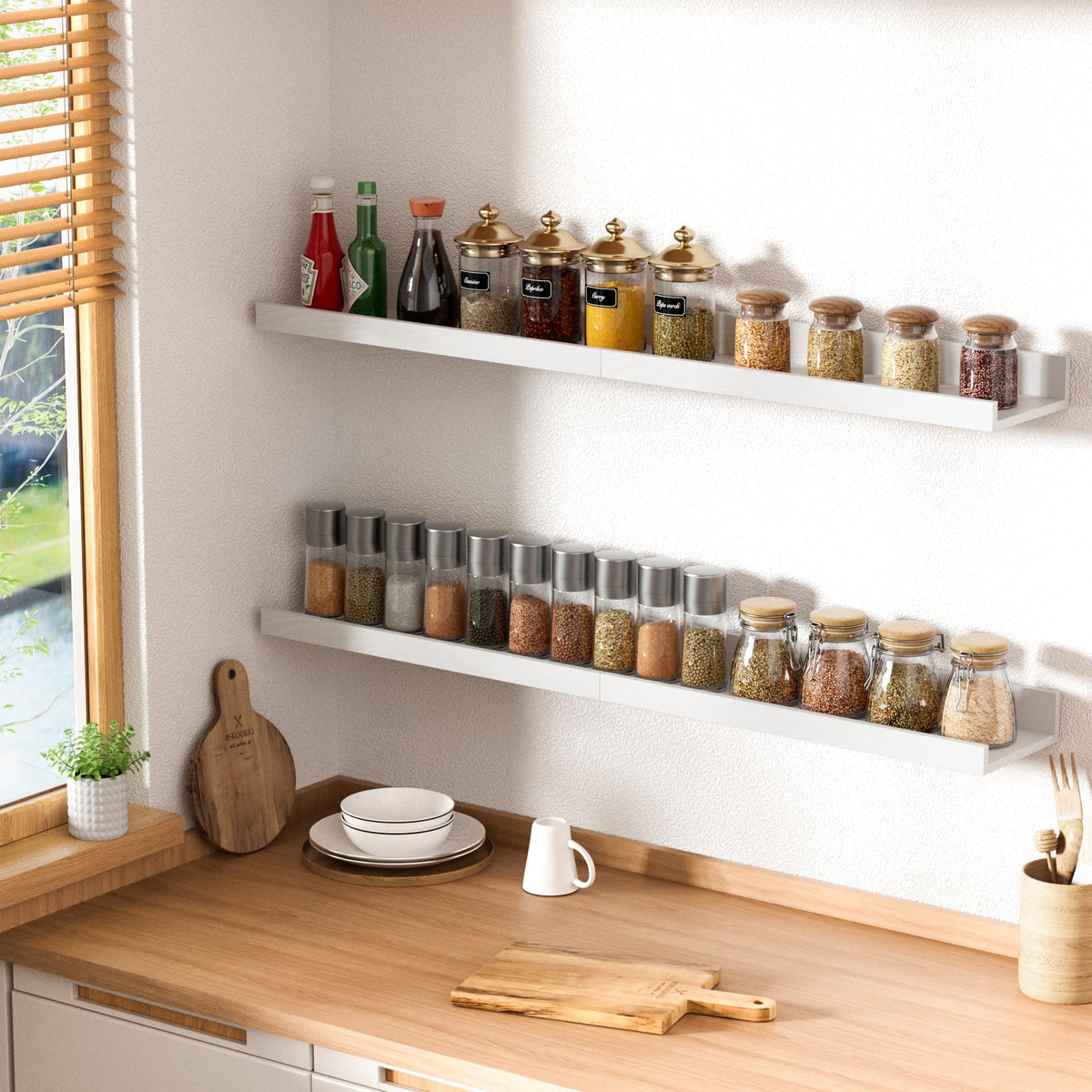 Upsimples wood shelves in kitchen for tidy counter organization