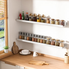 Upsimples wood shelves in kitchen for tidy counter organization