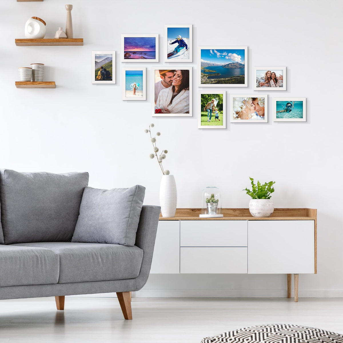 Upsimples wooden frames with wall-mount options and hooks for versatile placement.