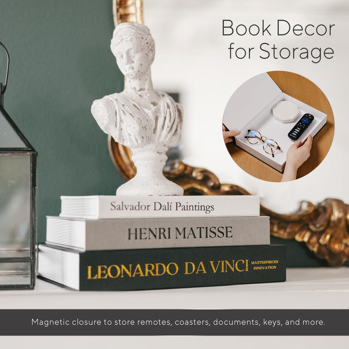 Upstart Decor Elegant Linen 3-book set long view reveals layered styling on coffee tables.
