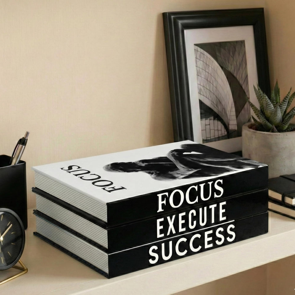 Upstart Decor motivational desk books set: closed covers enhances minimalist home office aesthetics.