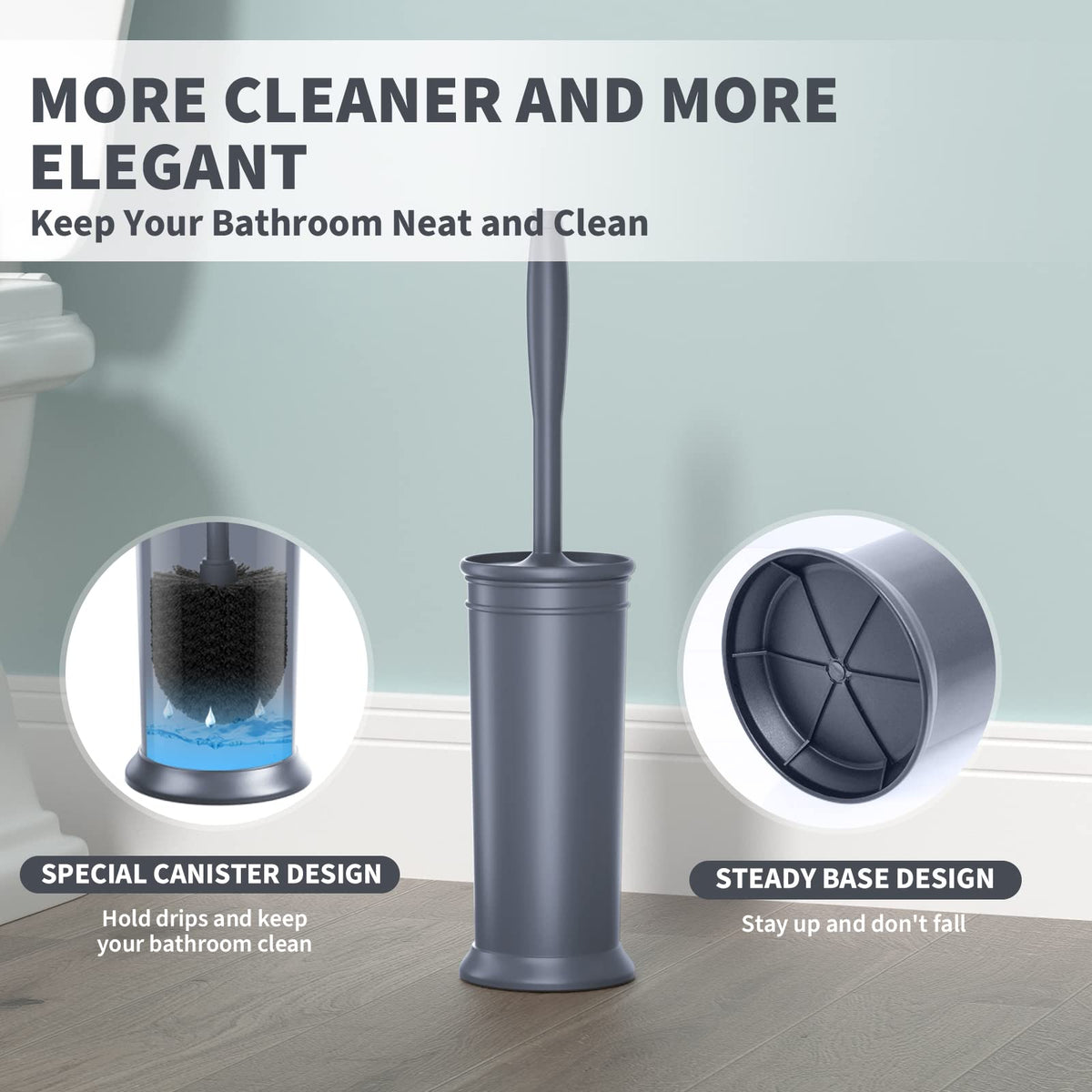 Uptronic covered holder with drainage keeps brush hidden and surfaces dry.