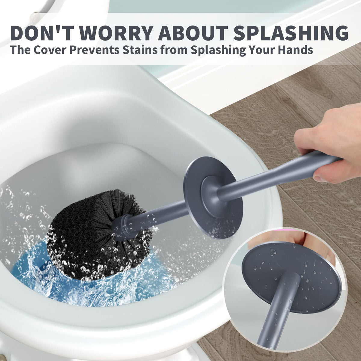 Uptronic dense bristles scrub under rims for thorough bathroom cleaning.