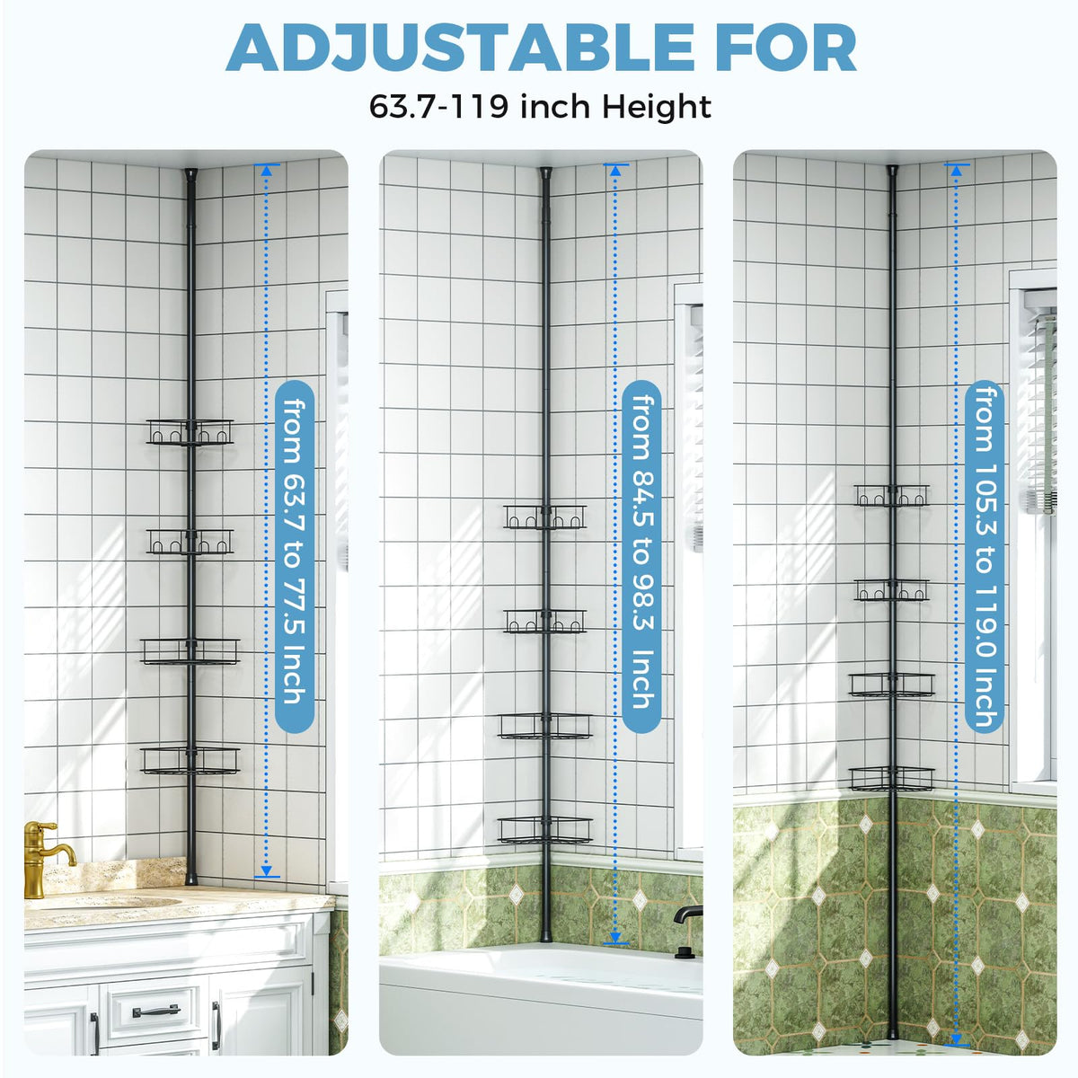 Urackify fits flat corner walls for stable shower storage in compact bathrooms.