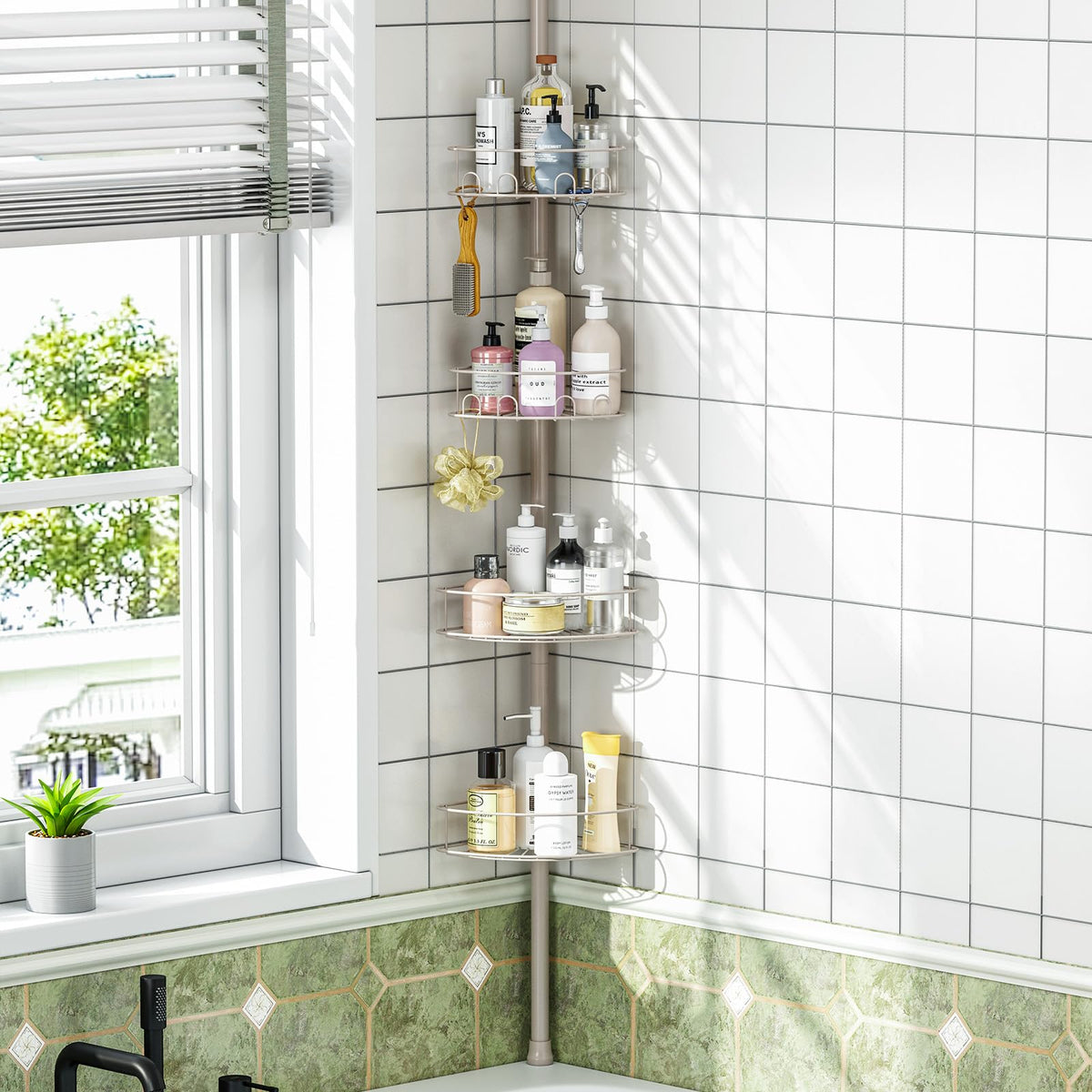 Urackify corner shower caddy with tension pole and four shelves for organized shower storage.