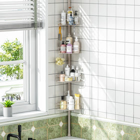 Urackify corner shower caddy with tension pole and four shelves for organized shower storage.