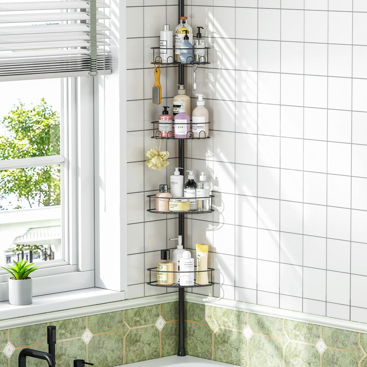 Urackify corner shower caddy tension pole extends to fit tall bathrooms for extra storage.