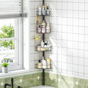 Urackify corner shower caddy tension pole extends to fit tall bathrooms for extra storage.