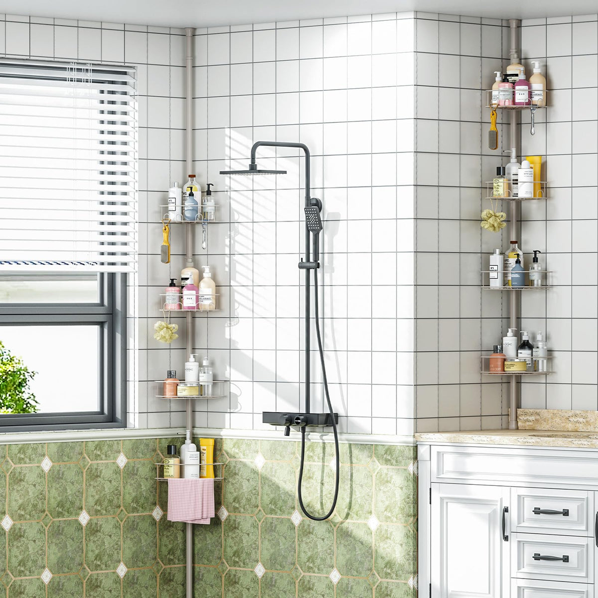 Urackify shower caddy close-up on tension pole design.
