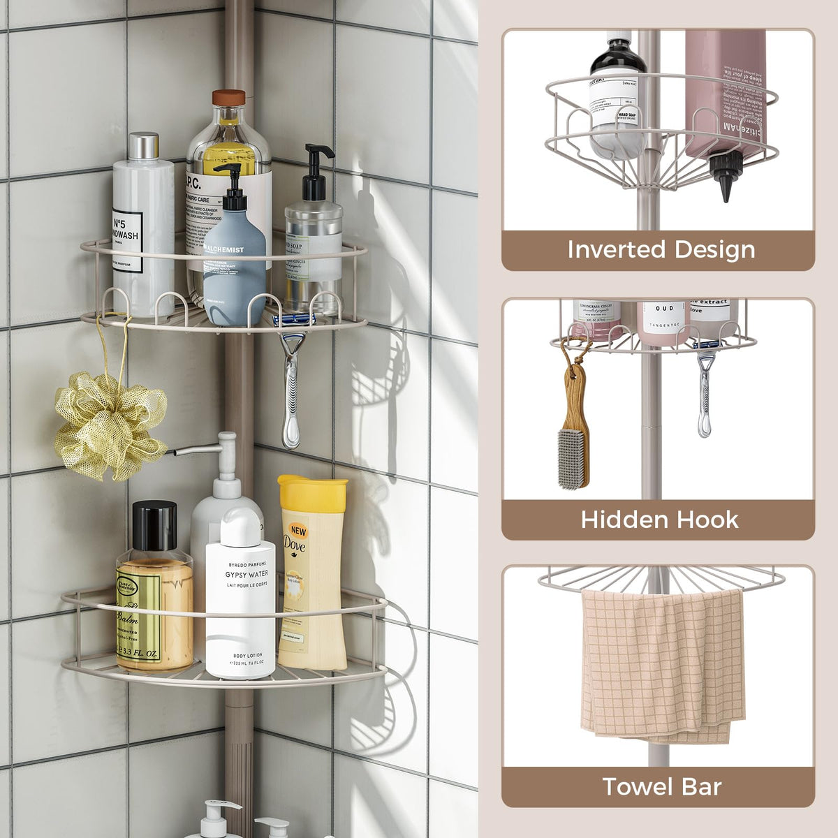 Urackify adjustable corner shelves maximize vertical space for taller bottles.