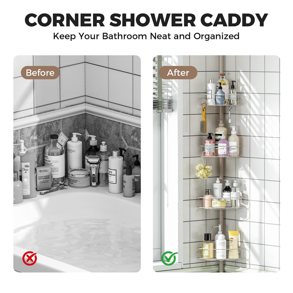 Urackify shower caddy height adjusts from 63.7 to 119 inches.