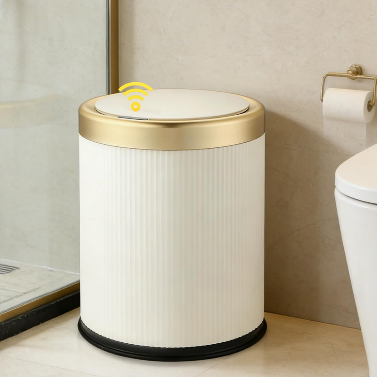 URALFA automatic motion sensor trash can front view with cream white finish and hands-free operation