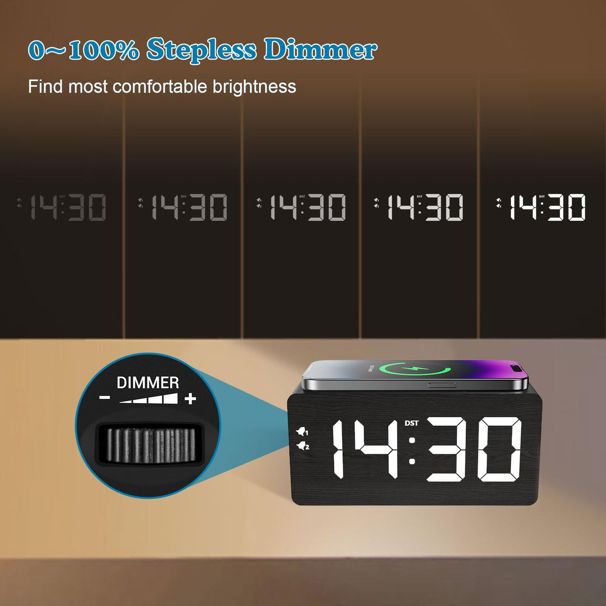 URAYCO alarm clock with 10W wireless charger for fast charging of compatible devices.