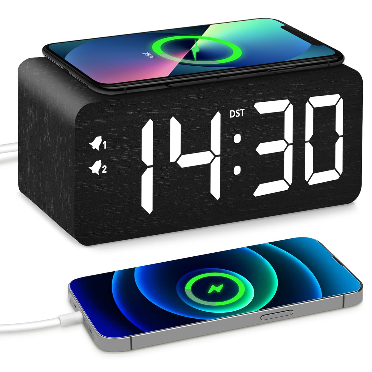 URAYCO wooden digital alarm clock with large time display for easy viewing from across the room.