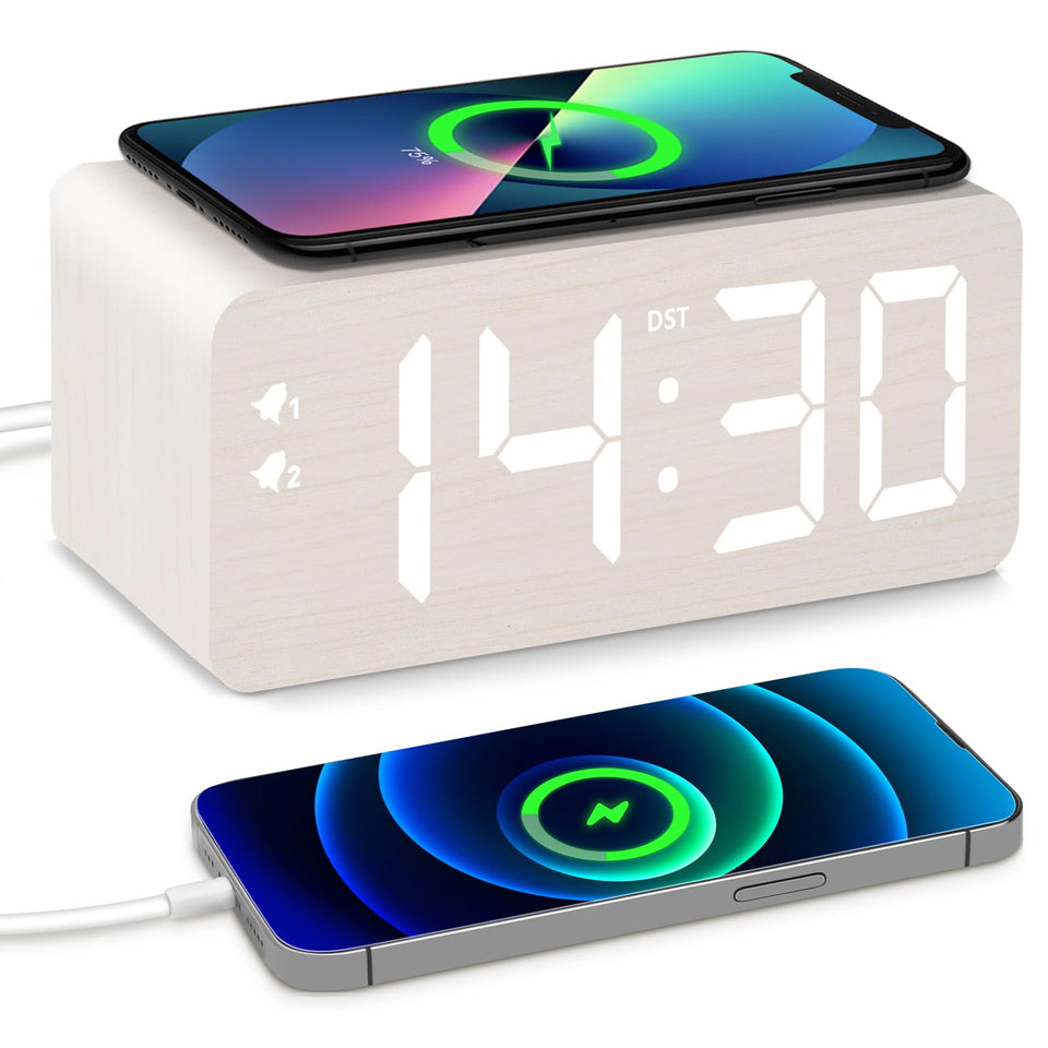URAYCO wooden digital alarm clock front view with large display for easy time reading.