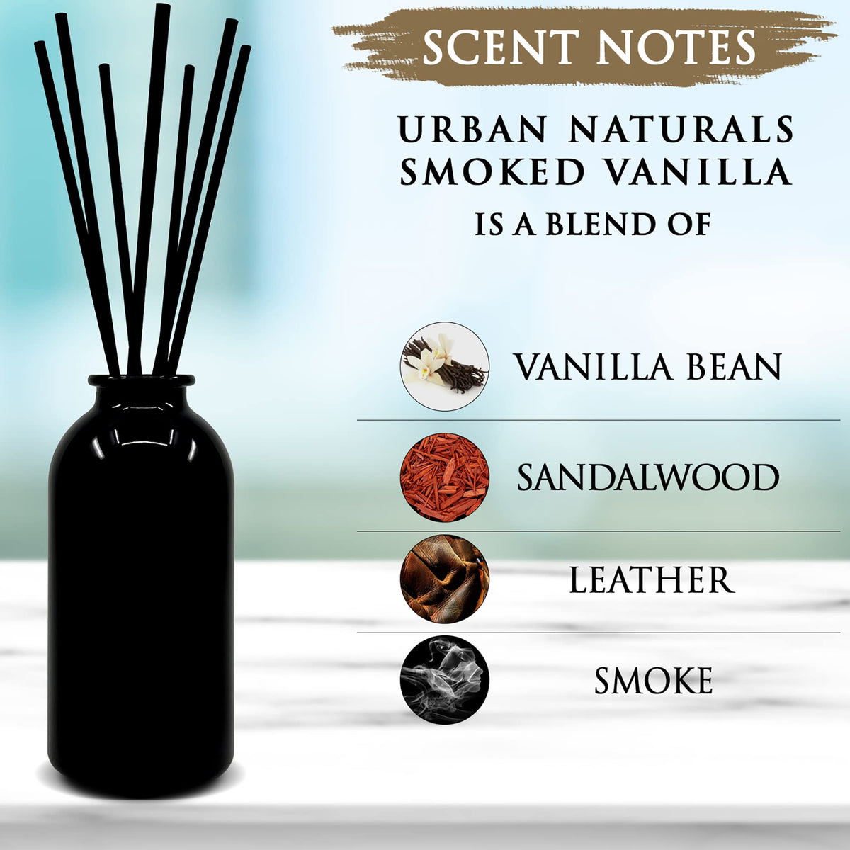 Urban Naturals diffuser reeds releasing warm vanilla-sandalwood notes for immediate scent.