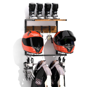 Urban Deco helmet holder on wall with two hat stands for organized gear
