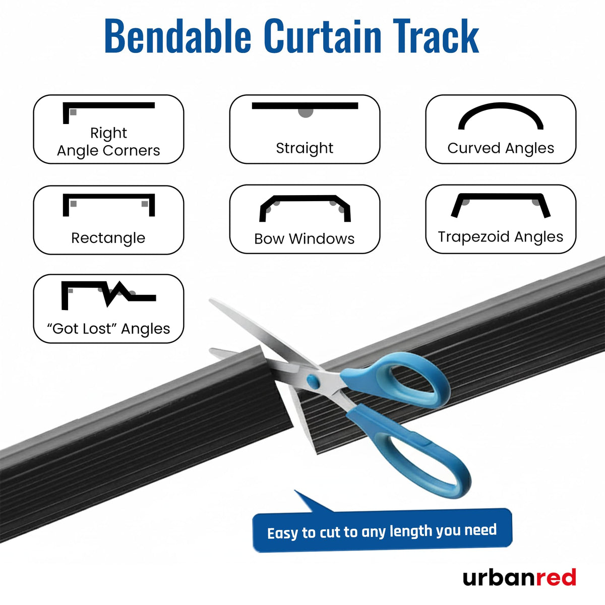 UrbanRed bend any shape curtain track demonstrates curved layout versatility.
