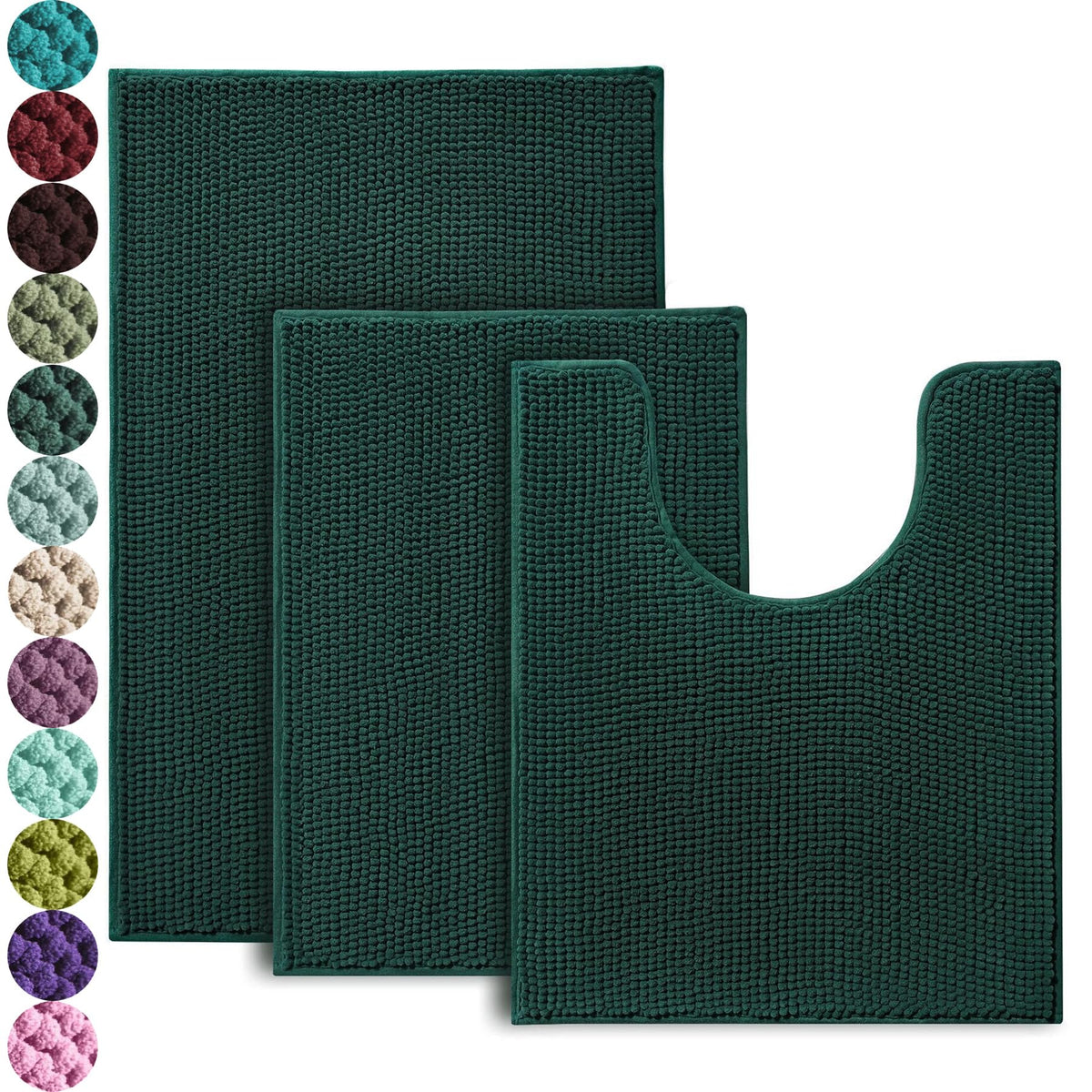Urvoix 3-piece small mat in dark green with plush chenille for comfort