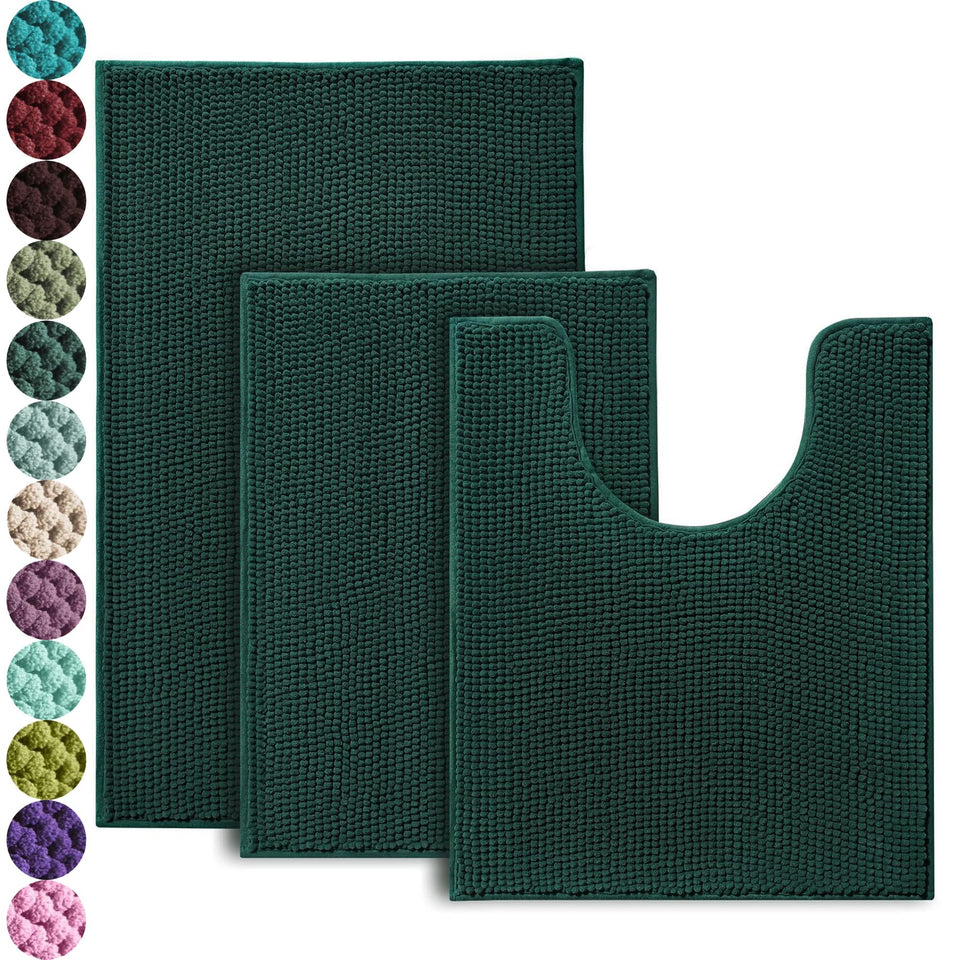 Urvoix 3-piece small mat in dark green with plush chenille for comfort