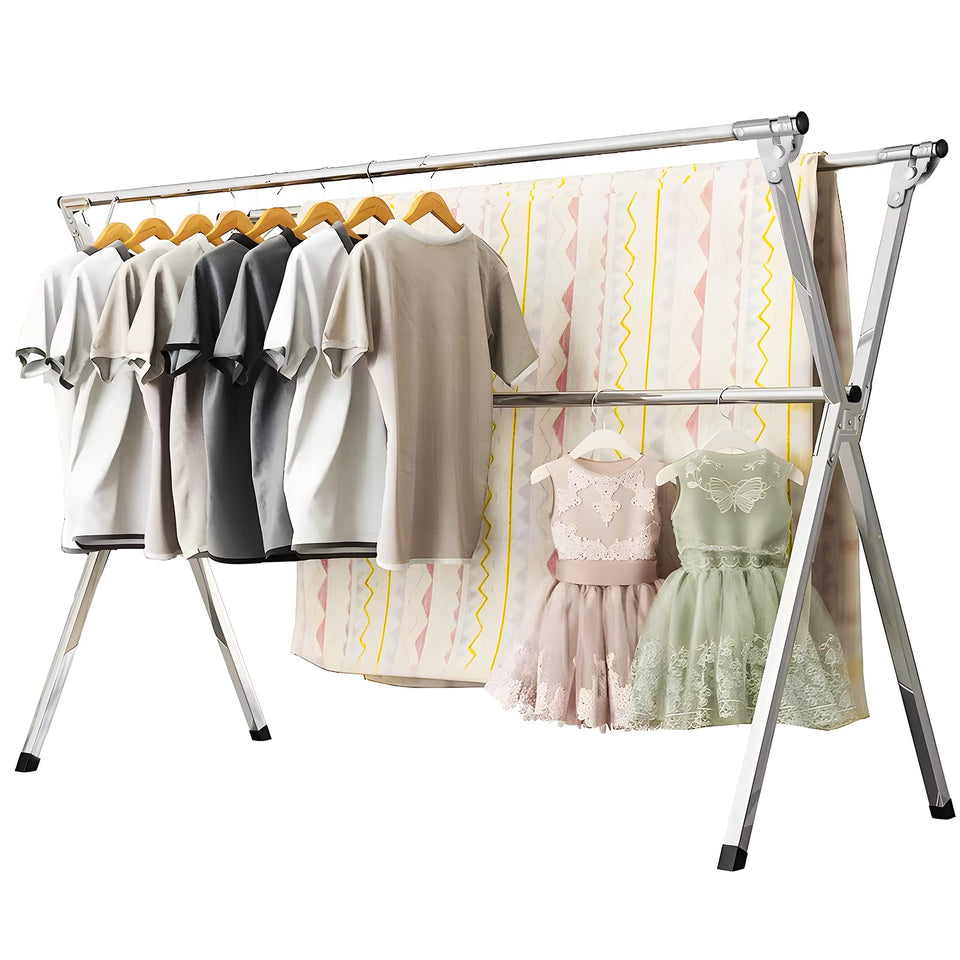 URYAN 79-inch stainless steel drying rack in standing position for versatile year-round laundry