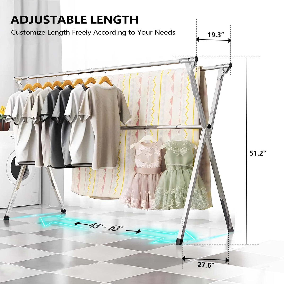 URYAN retractable length from 43 to 63 inches increases drying space.