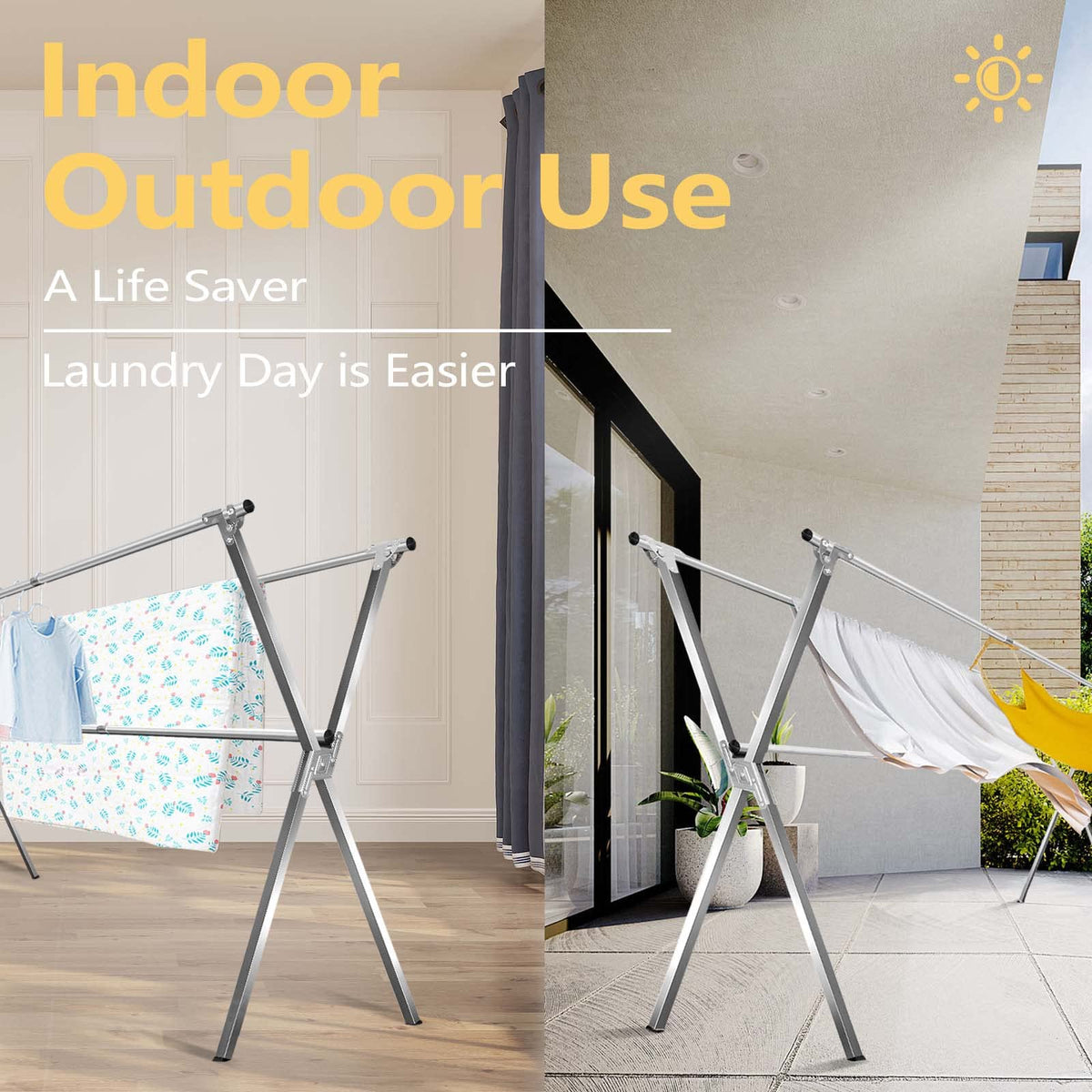 URYAN clothes drying rack withstands outdoor conditions and heavy loads.