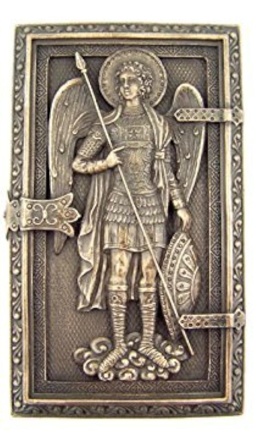 US Archangel Michael rosary framed box close up showing cold cast bronze texture