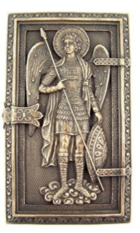 US Archangel Michael rosary framed box close up showing cold cast bronze texture