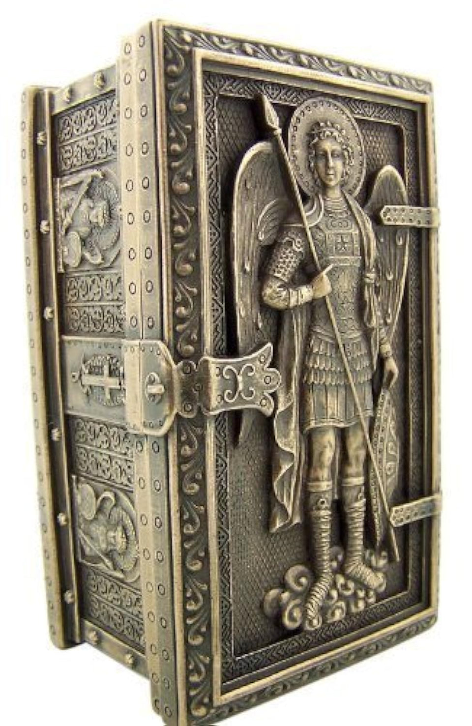 US Archangel Michael rosary framed box front view for display and safekeeping