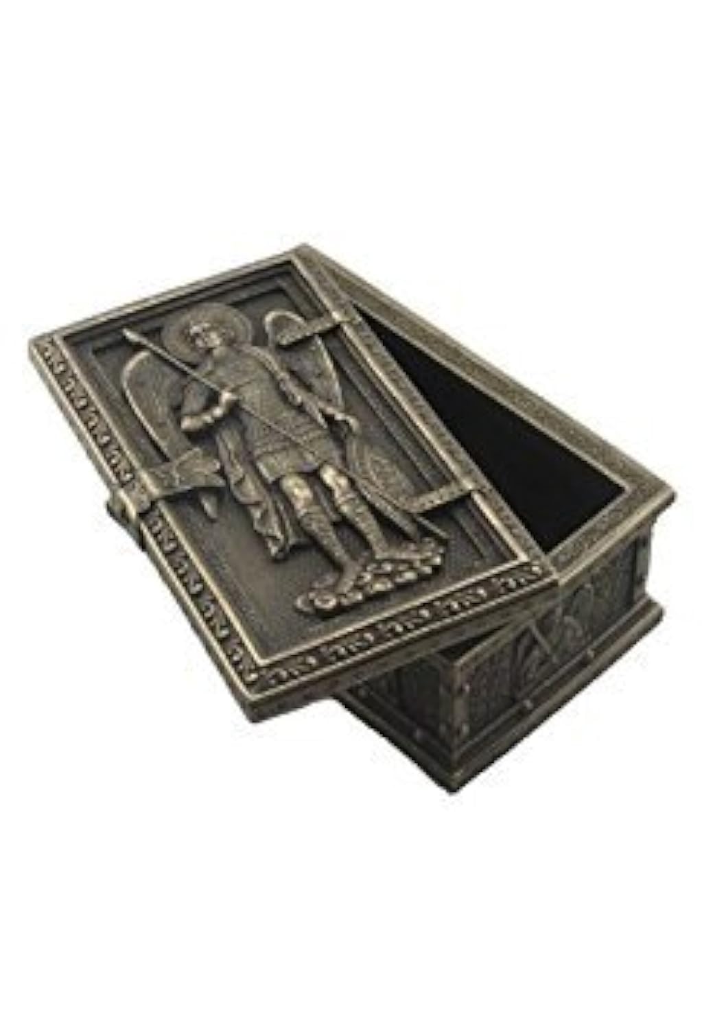 US Archangel Michael rosary framed box side view highlighting durable display frame