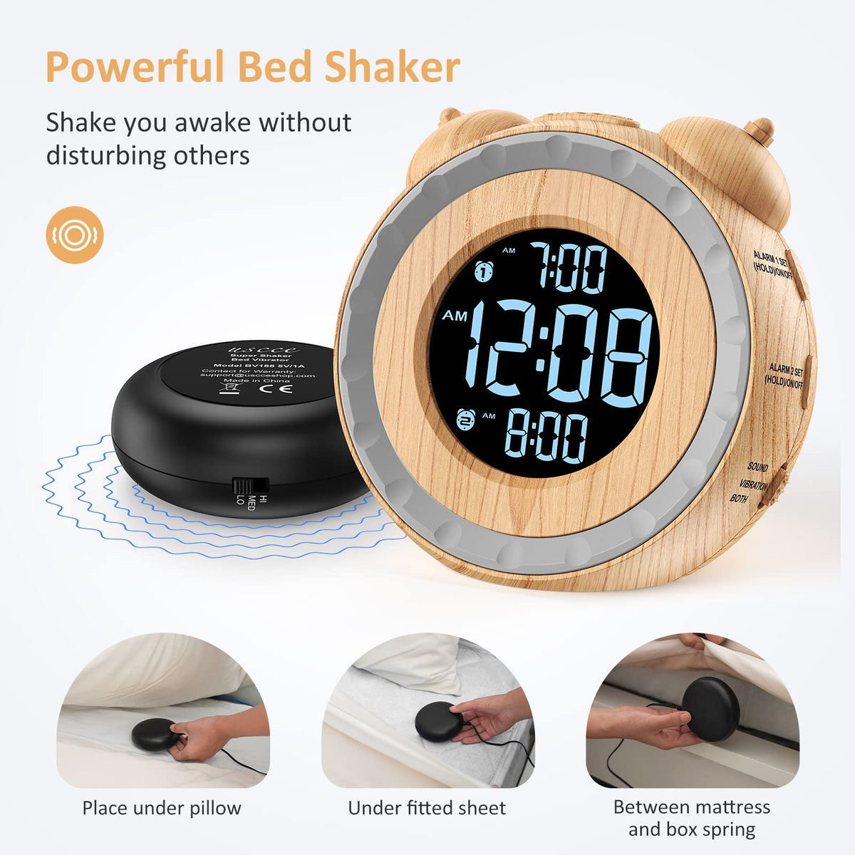 uscce dual extra loud alarm clock bed shaker control clearly visible for customizable wake