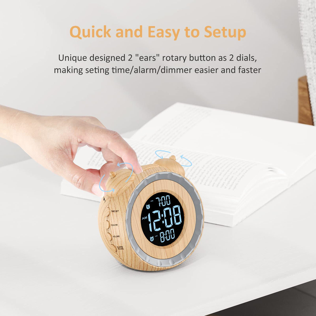 uscce dual extra loud alarm clock brightness dimmer dial close-up shows 0-100% control