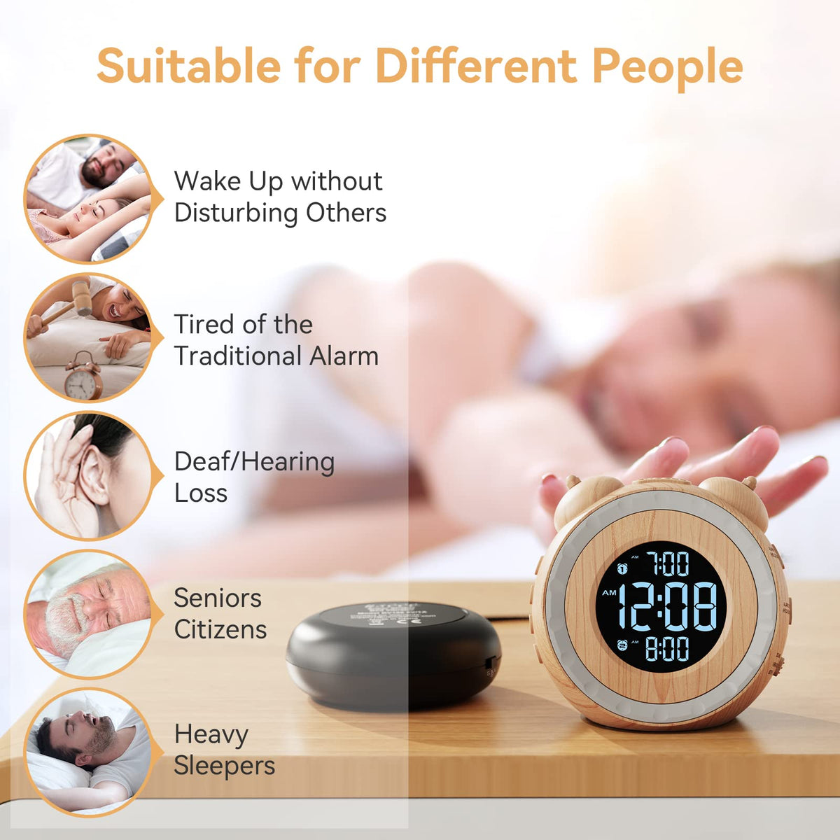 uscce dual extra loud alarm clock room scene showing wood grain bedroom setup