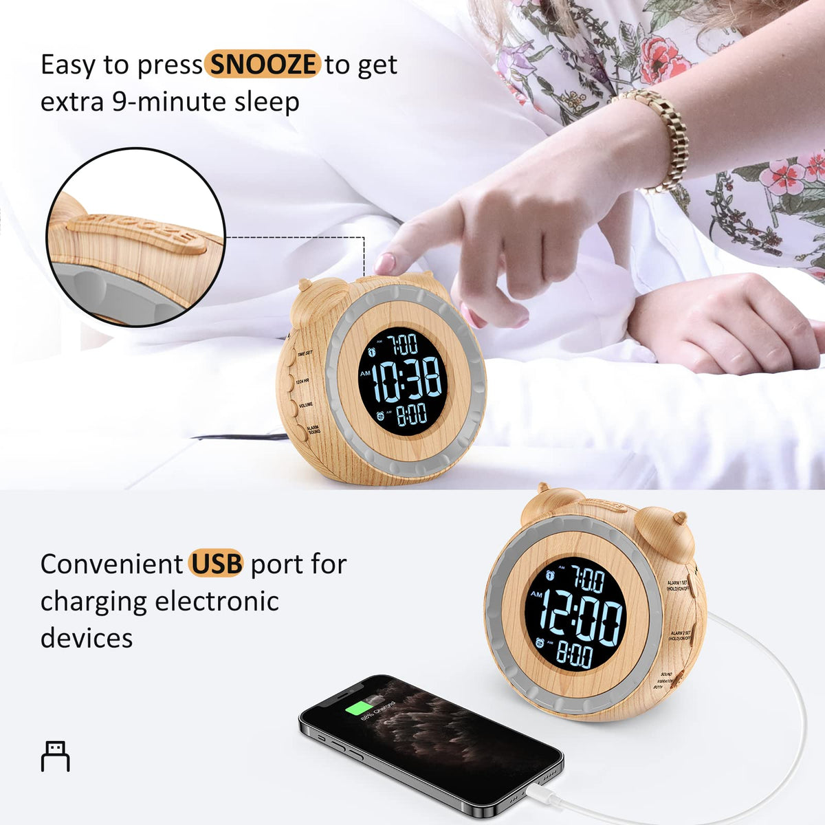 uscce dual extra loud alarm clock snooze button close-up demonstration