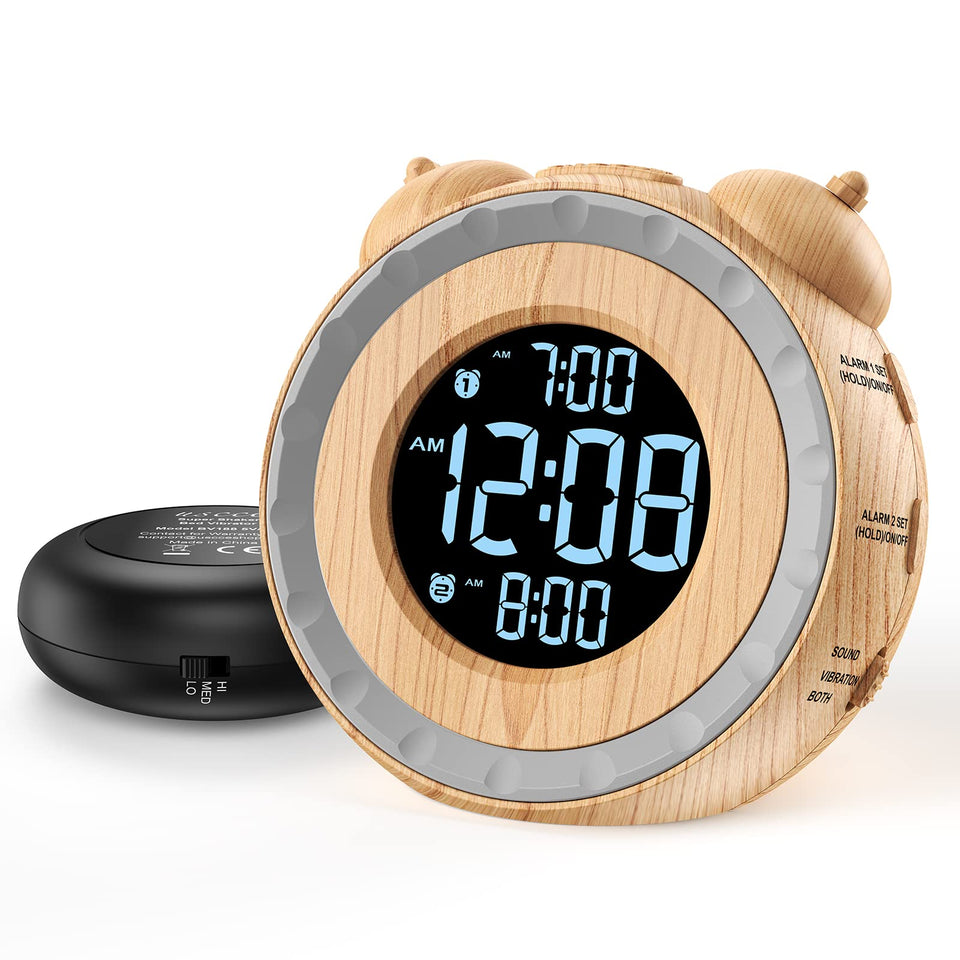 uscce dual extra loud alarm clock wood grain front view for heavy sleepers