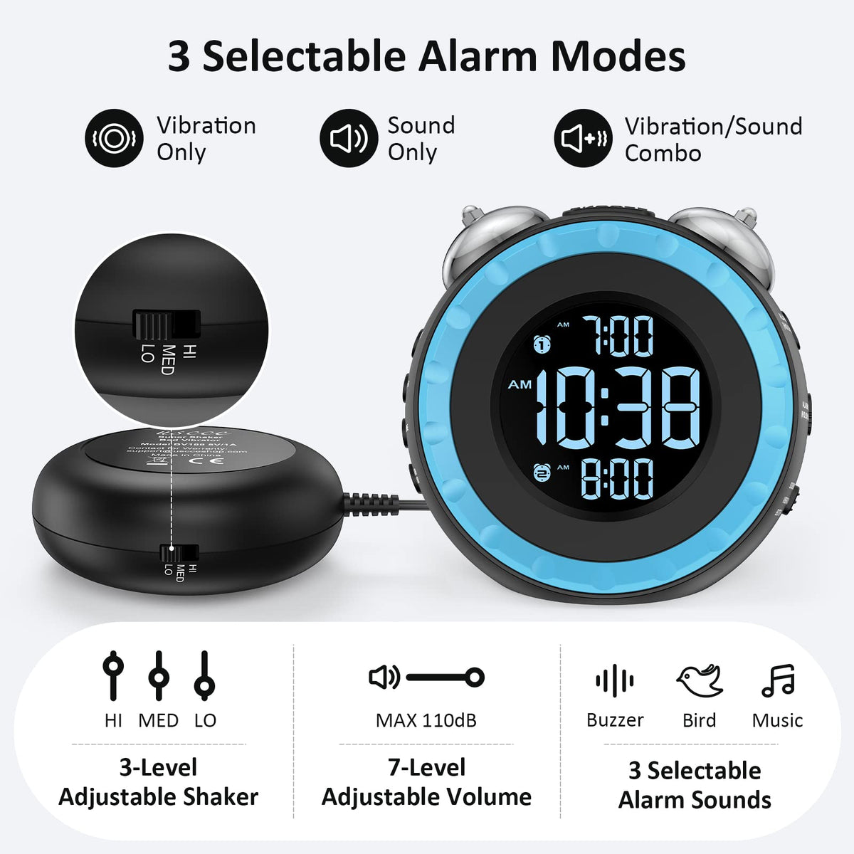 uscce loud dual alarm clock 3-level shaker; adjustable wake-up intensity
