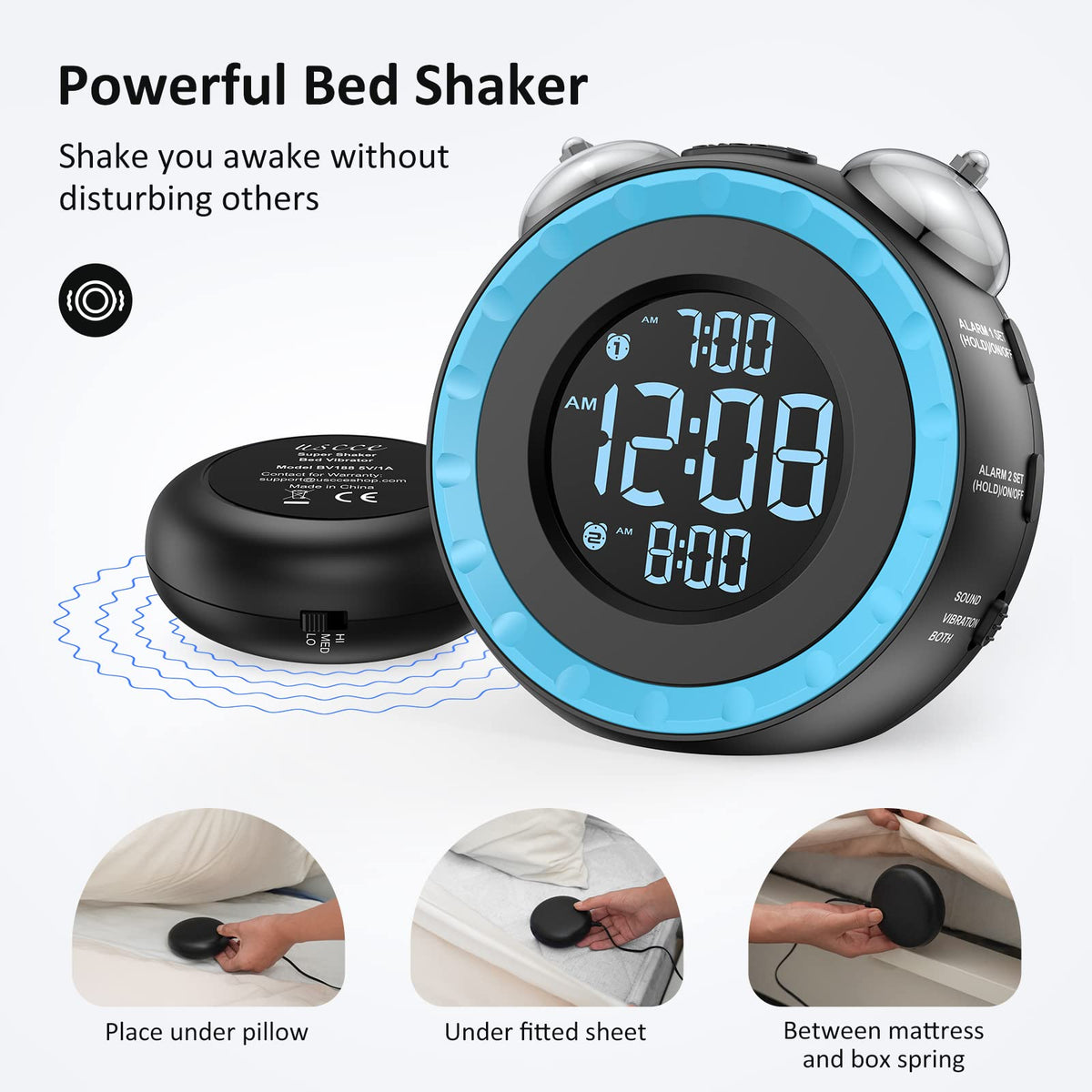 uscce loud dual alarm clock with bed shaker, back view; compact power backup option
