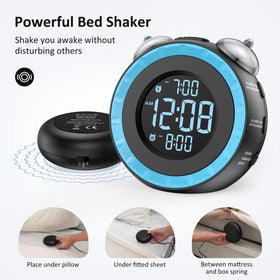 uscce loud dual alarm clock with bed shaker, back view; compact power backup option
